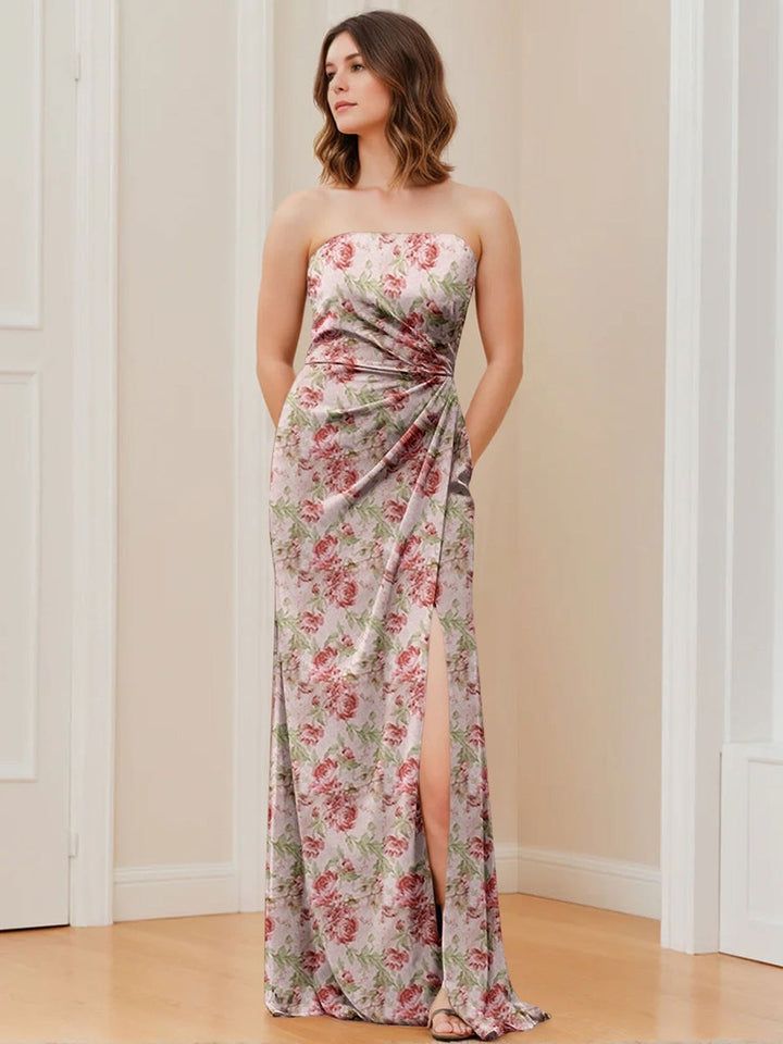 Sheath/Column Strapless Sleeveless Floor-Length Printed Floral Ruched Bridesmaid Dresses with Split Side