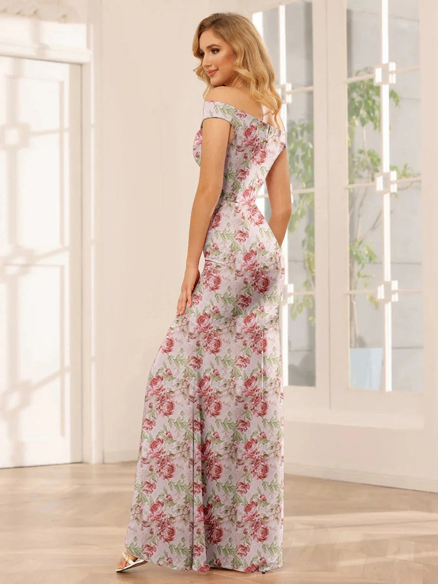 Sheath/Column Off-the-Shoulder Sleeveless Floor-Length Printed Floral Bridesmaid Dresses with Split Side