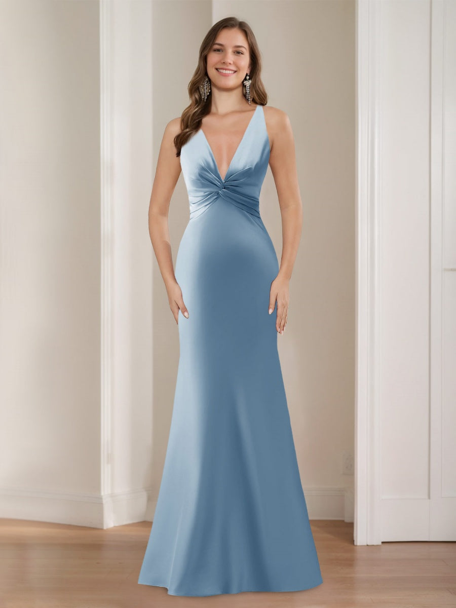 Trumpet/Mermaid V-Neck Sleeveless Floor-Length Bridesmaid Dresses with Criss-cross Straps & Bow Sash
