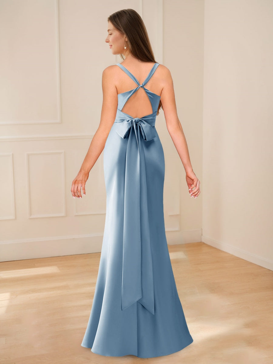 Trumpet/Mermaid V-Neck Sleeveless Floor-Length Bridesmaid Dresses with Criss-cross Straps & Bow Sash