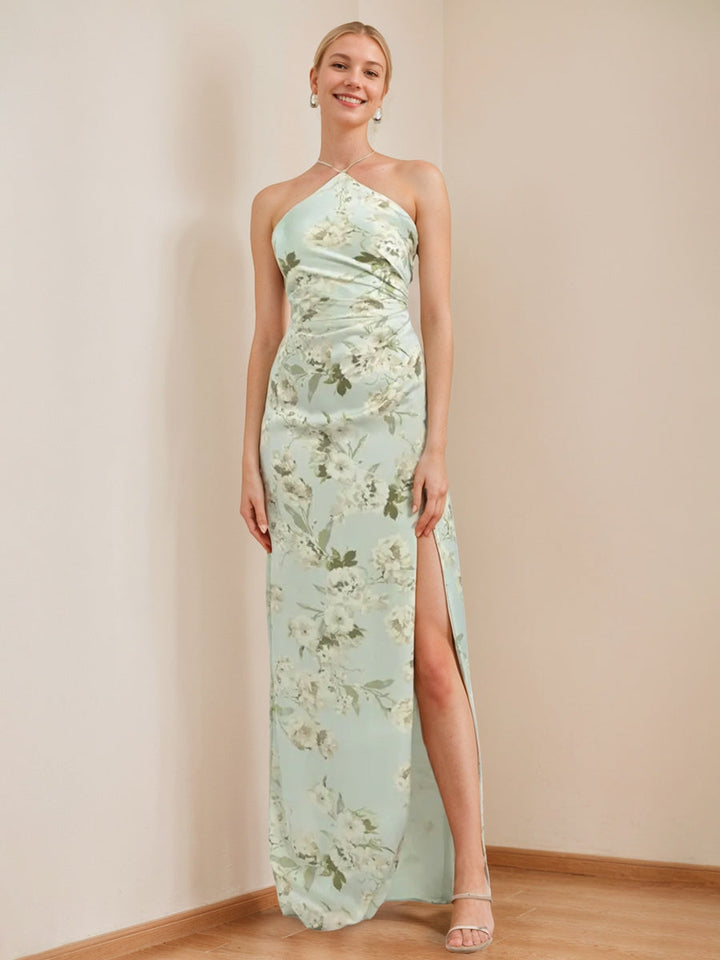 Sheath/Column Halter Sleeveless Printed Floral Sexy Bridesmaid Dresses with High Split
