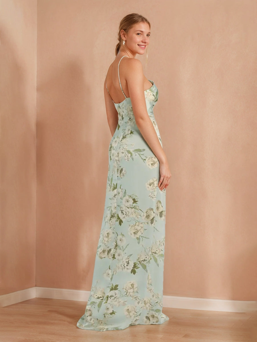 Sheath/Column Halter Sleeveless Printed Floral Sexy Bridesmaid Dresses with High Split