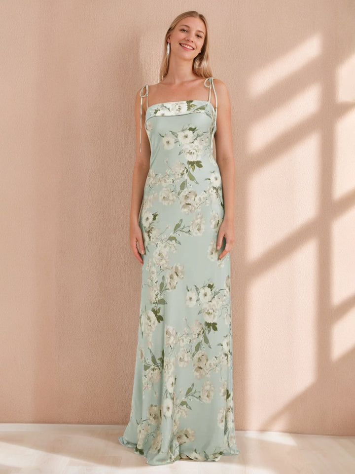 Sheath/Column Spaghetti Straps Sleeveless Printed Floral Long Bridesmaid Dresses with Ruffles