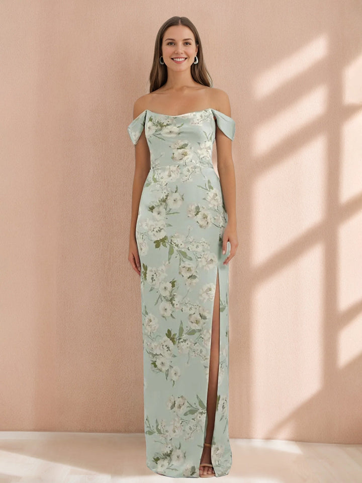 Sheath/Column Off-the-Shoulder Sleeveless Printed Floral Bridesmaid Dresses with Split Side