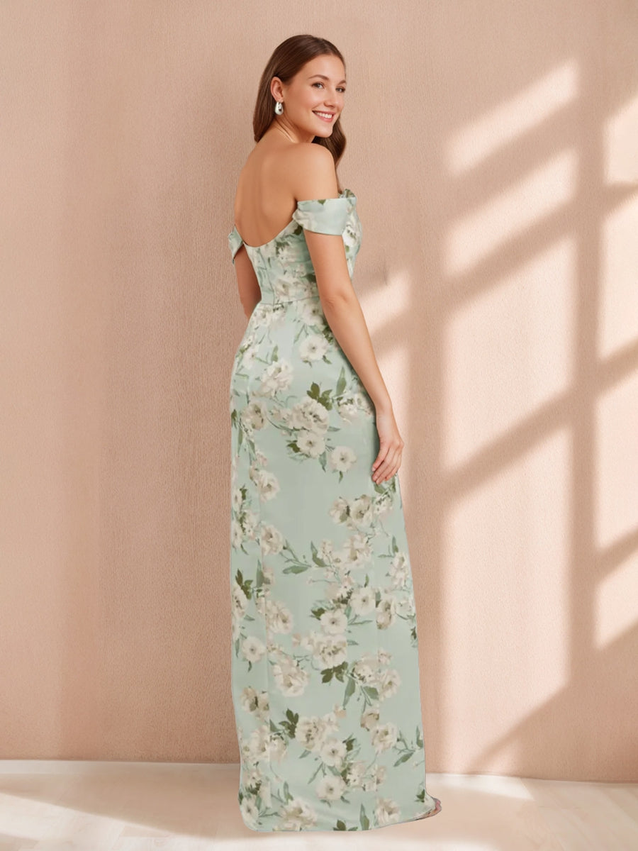 Sheath/Column Off-the-Shoulder Sleeveless Printed Floral Bridesmaid Dresses with Split Side