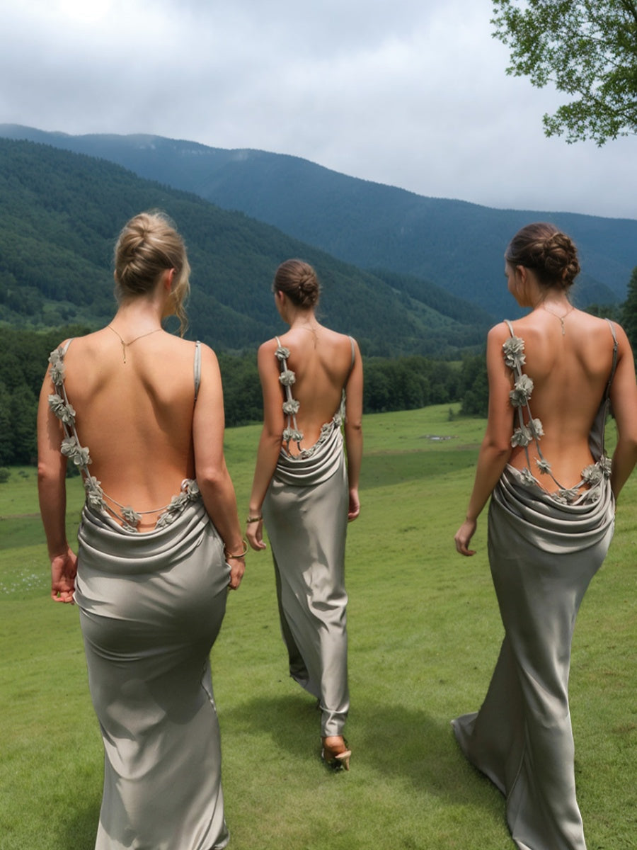 Sheath/Column Spaghetti Straps Cowl Neck Backless Floor-Length Floral Bridesmaid Dresses