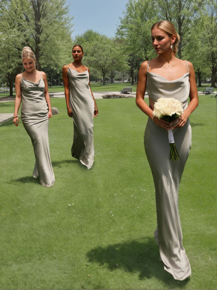 Sheath/Column Spaghetti Straps Cowl Neck Backless Floor-Length Floral Bridesmaid Dresses