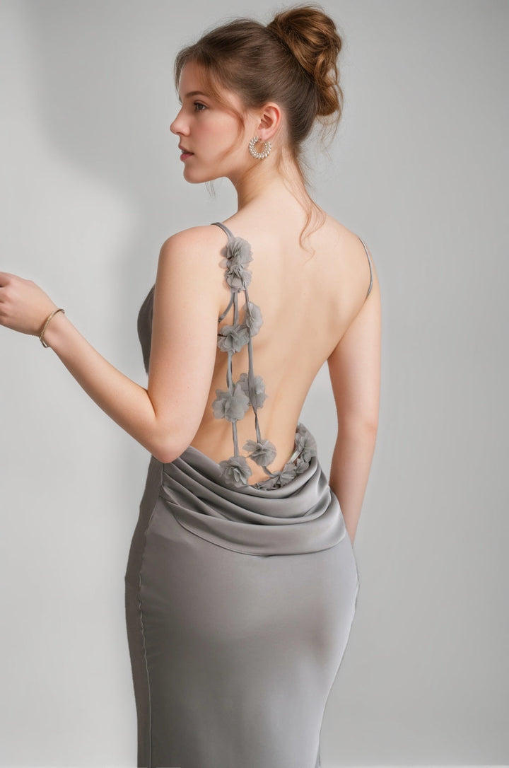 Sheath/Column Spaghetti Straps Cowl Neck Backless Floor-Length Floral Bridesmaid Dresses