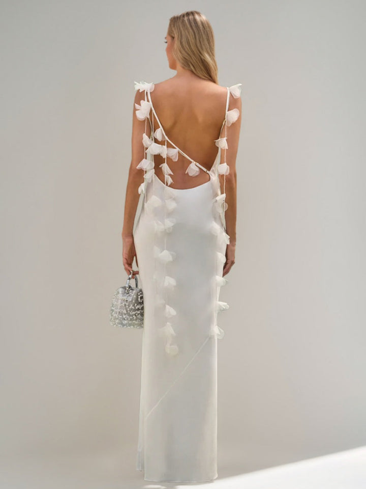 Sheath/Column Cowl Neck Spaghetti Straps Backless Floor-Length Bridesmaid Dresses with Appliques