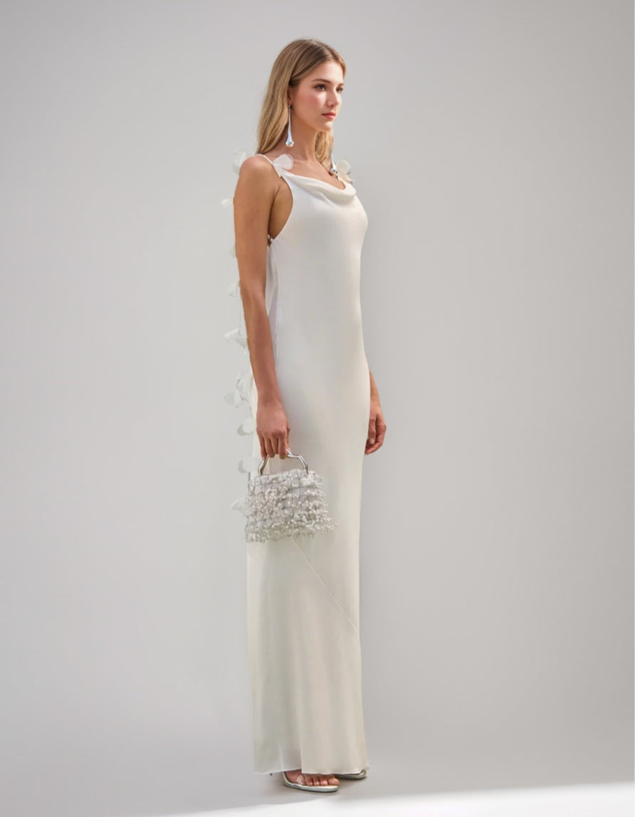 Sheath/Column Cowl Neck Spaghetti Straps Backless Floor-Length Bridesmaid Dresses with Appliques