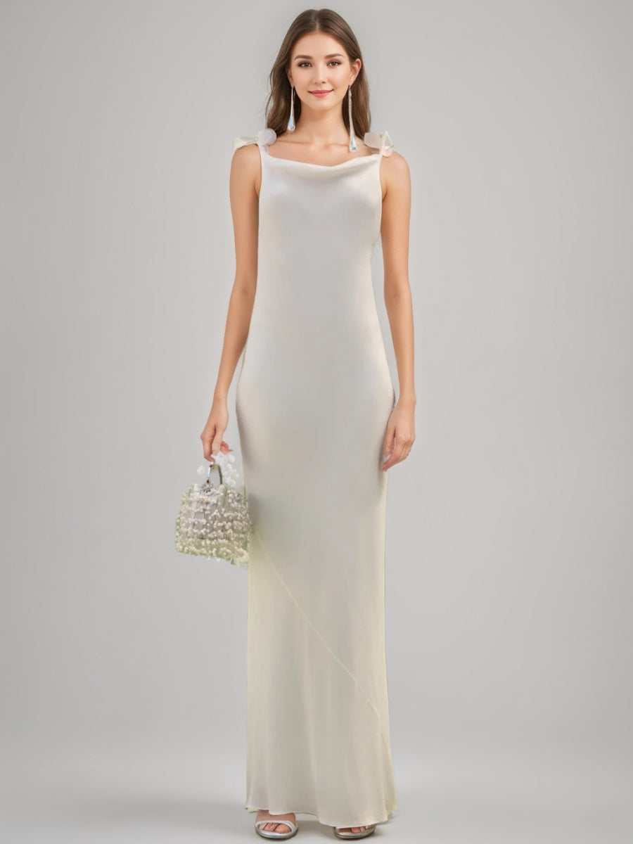 Sheath/Column Cowl Neck Spaghetti Straps Backless Floor-Length Bridesmaid Dresses with Appliques