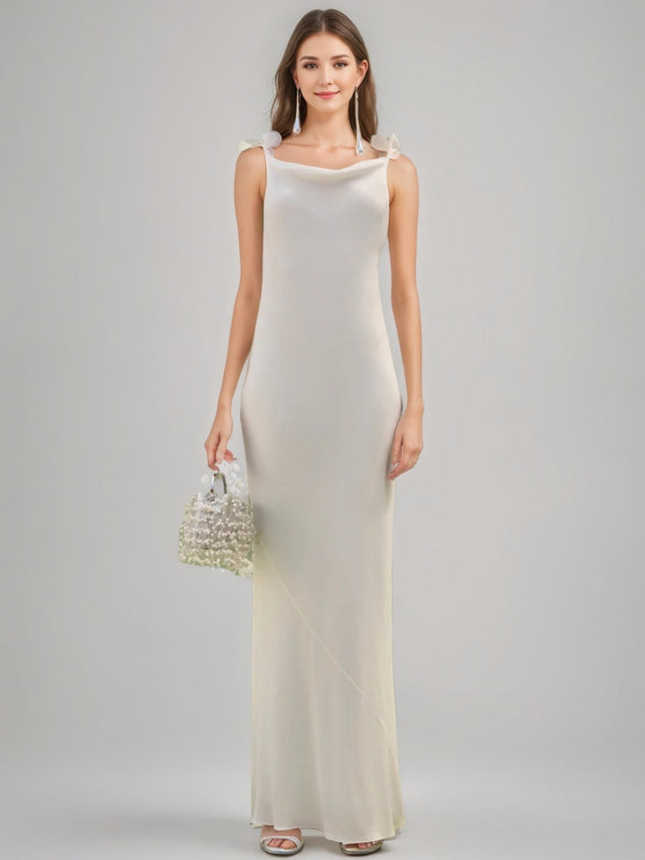 Sheath/Column Cowl Neck Spaghetti Straps Backless Floor-Length Bridesmaid Dresses with Appliques