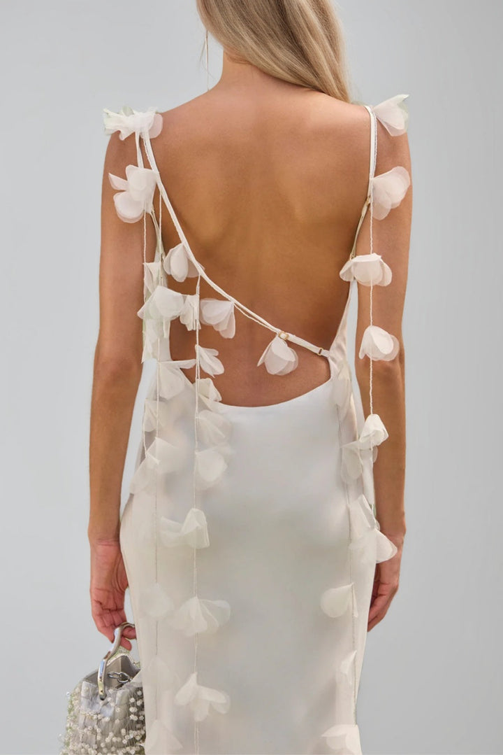 Sheath/Column Cowl Neck Spaghetti Straps Backless Floor-Length Bridesmaid Dresses with Appliques