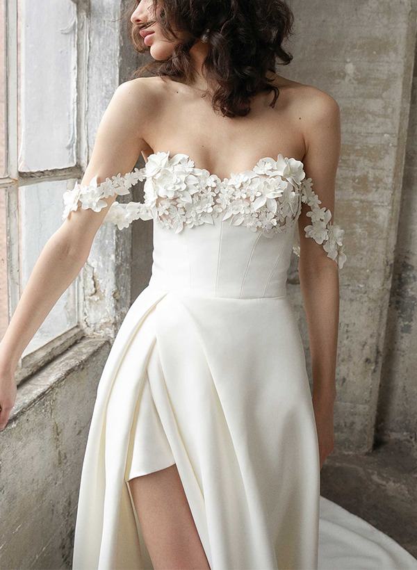 A-Line/Princess Off-The-Shoulder Pleated Wedding Dresses with Appliques & Buttons & Side Slit