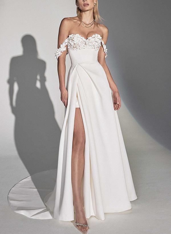 A-Line/Princess Off-The-Shoulder Pleated Wedding Dresses with Appliques & Buttons & Side Slit