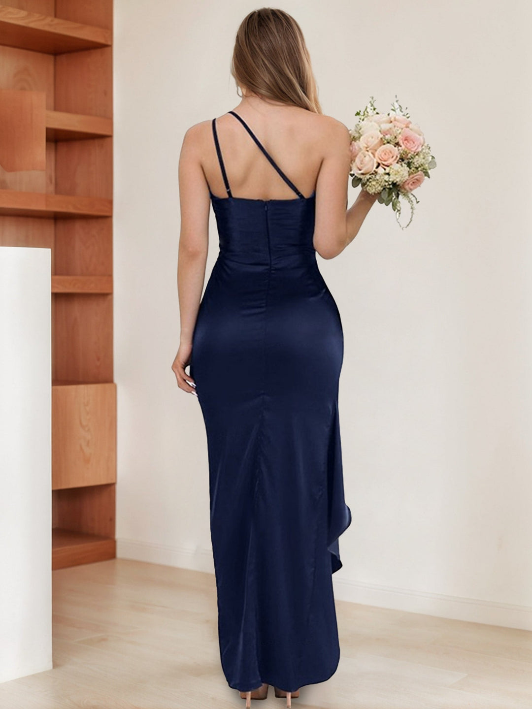 Sheath/Column One-Shoulder Sleeveless Ruched Floor-Length Bridesmaid Dresses with Slit & Ruffles
