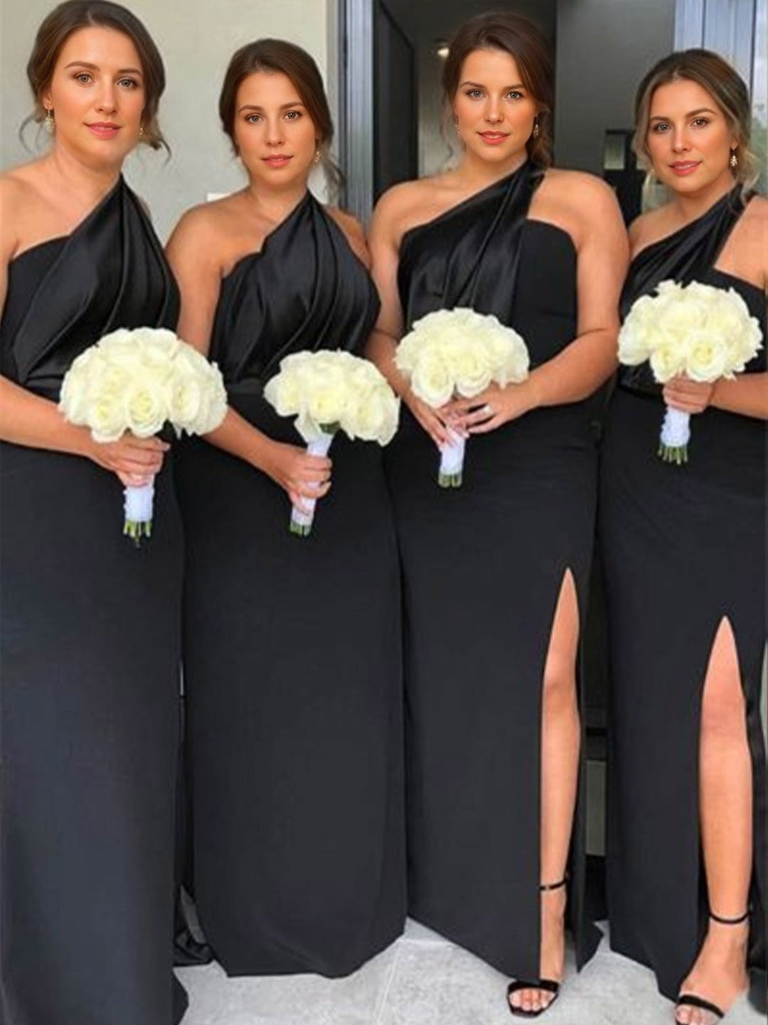 Sheath/Column One-Shoulder Sleeveless Ruched Floor-Length Bridesmaid Dresses with Slit