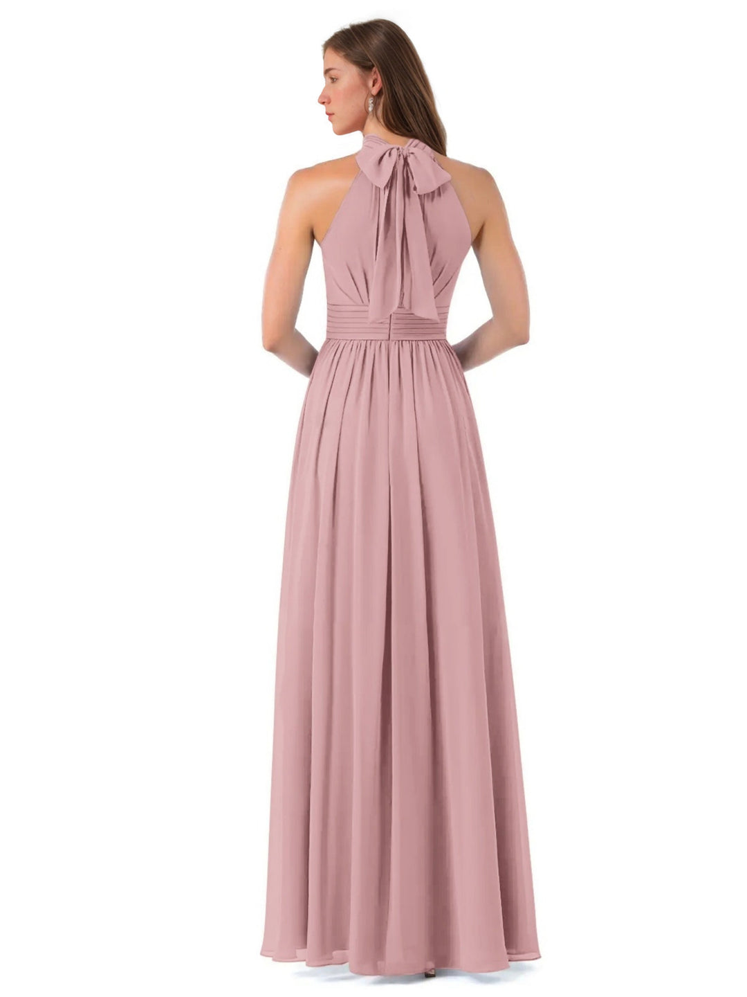 A-Line/Princess High Neck Sleeveless Ruched Floor-Length Pleated Bridesmaid Dresses with Bow & Slit