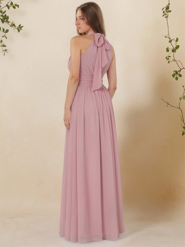 A-Line/Princess High Neck Sleeveless Ruched Floor-Length Pleated Bridesmaid Dresses with Bow & Slit