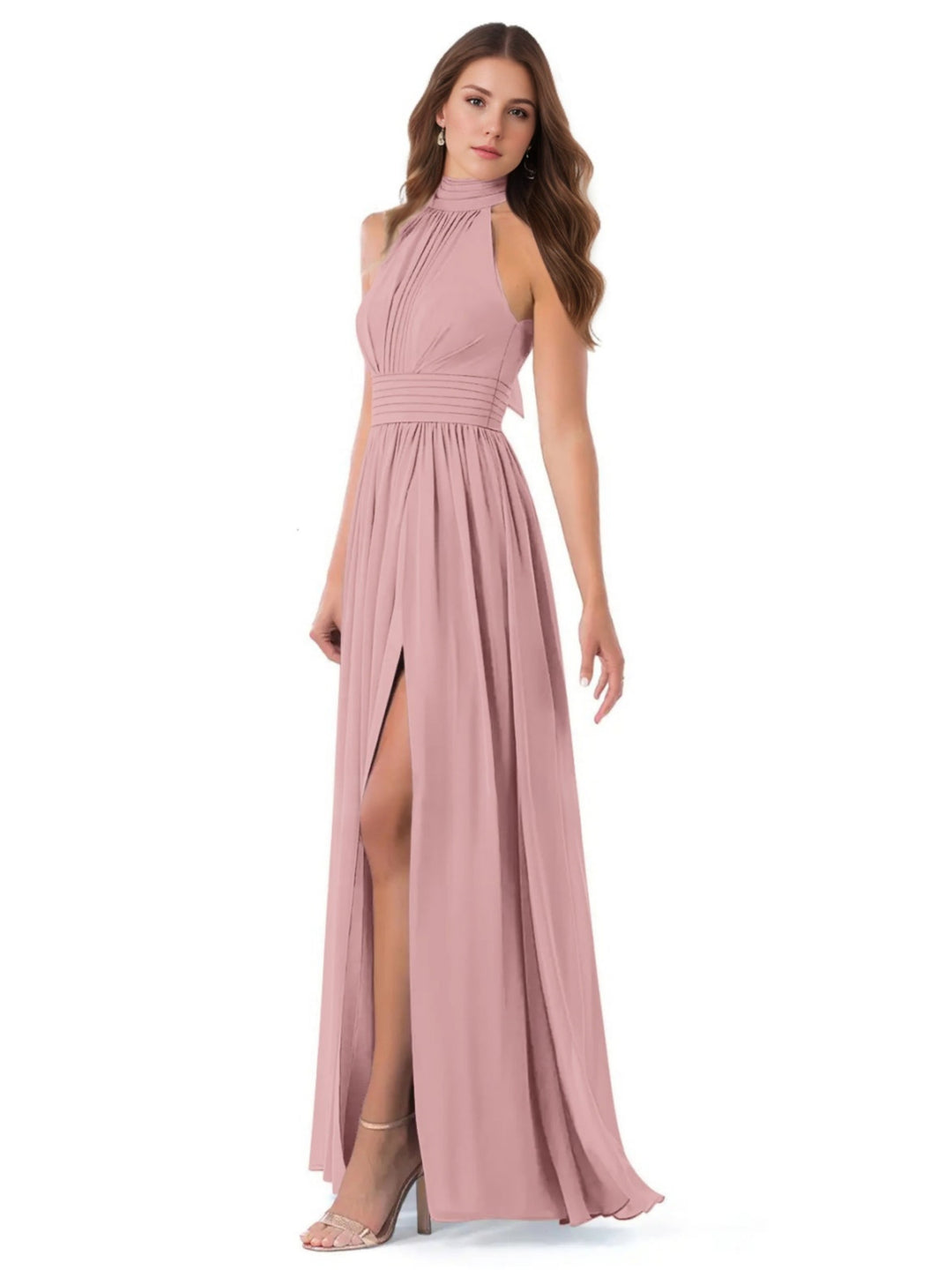 A-Line/Princess High Neck Sleeveless Ruched Floor-Length Pleated Bridesmaid Dresses with Bow & Slit