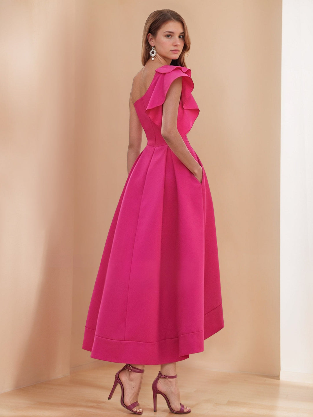 A-Line/Princess One-Shoulder Ruffled Sleeve Asymmetrical Pleated Bridesmaid Dresses with Pocket