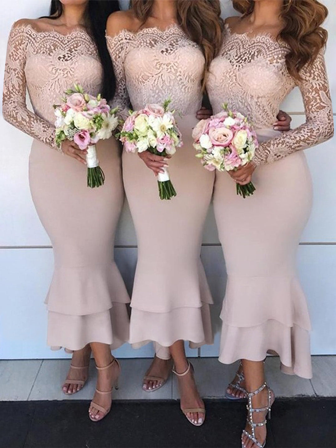Trumpet/Mermaid Off-the-Shoulder Long Sleeves Asymmetrical Bridesmaid Dresses with Ruffles