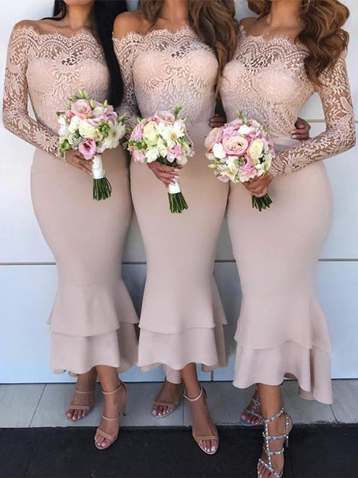 Trumpet/Mermaid Off-the-Shoulder Long Sleeves Asymmetrical Bridesmaid Dresses with Ruffles