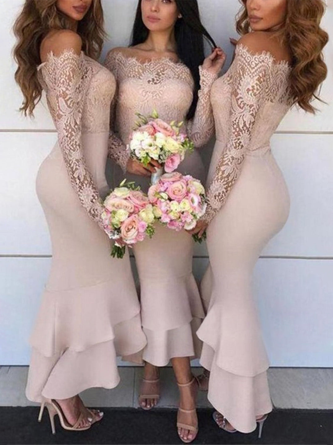 Trumpet/Mermaid Off-the-Shoulder Long Sleeves Asymmetrical Bridesmaid Dresses with Ruffles