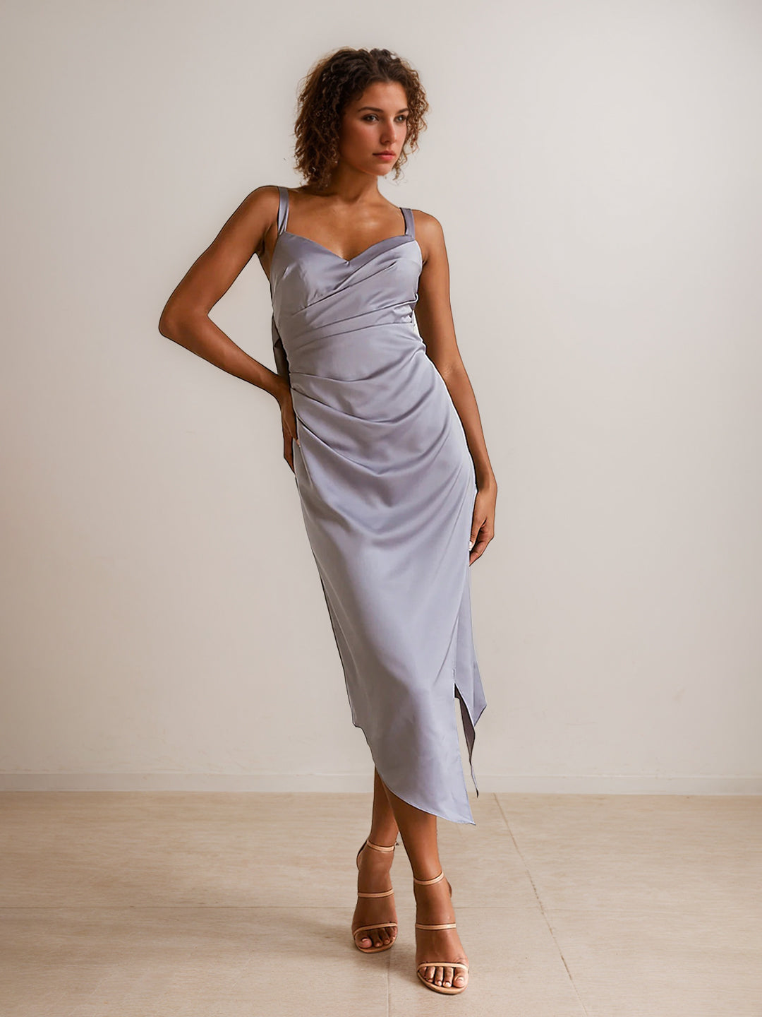 Sheath/Column Sweetheart Sleeveless Ruched Asymmetrical Bridesmaid Dresses with Slit & Cowl Back