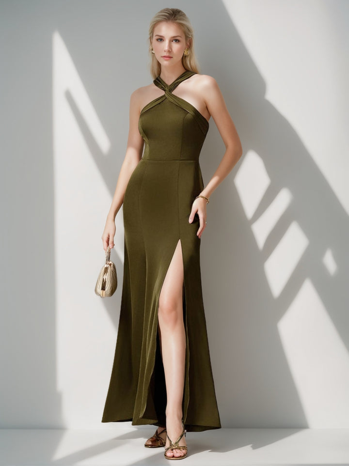 Sheath/Column Halter Sleeveless Sexy Bridesmaid Dresses with High Split