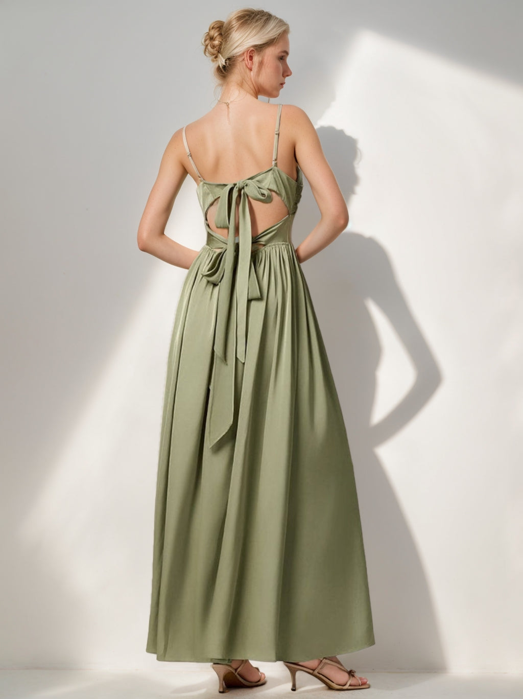 Sheath/Column Spaghetti Straps Satin Pleated Sleeveless Floor-Length Silk Satin Bridesmaid Dresses with Split Side & Back-Tie
