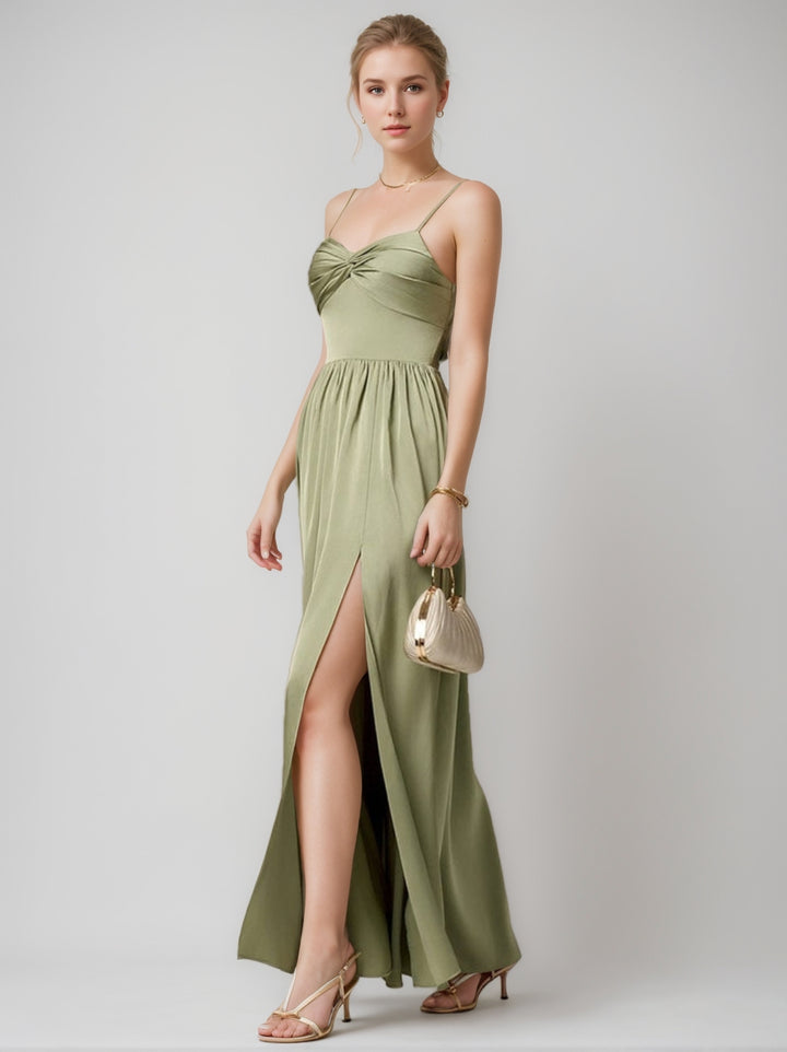 Sheath/Column Spaghetti Straps Satin Pleated Sleeveless Floor-Length Silk Satin Bridesmaid Dresses with Split Side & Back-Tie