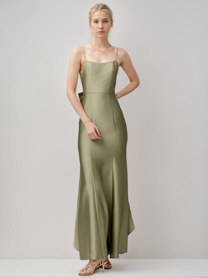 Sheath/Column Spaghetti Straps Satin Pleated Sleeveless Floor-Length Silk Satin Bridesmaid Dresses with Back-Tie Bowknot