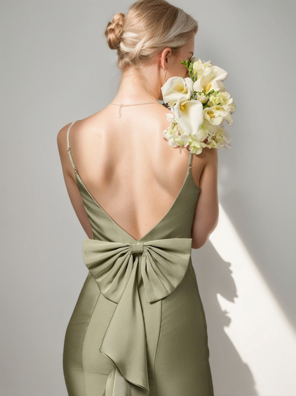 Sheath/Column Spaghetti Straps Satin Pleated Sleeveless Floor-Length Silk Satin Bridesmaid Dresses with Back-Tie Bowknot