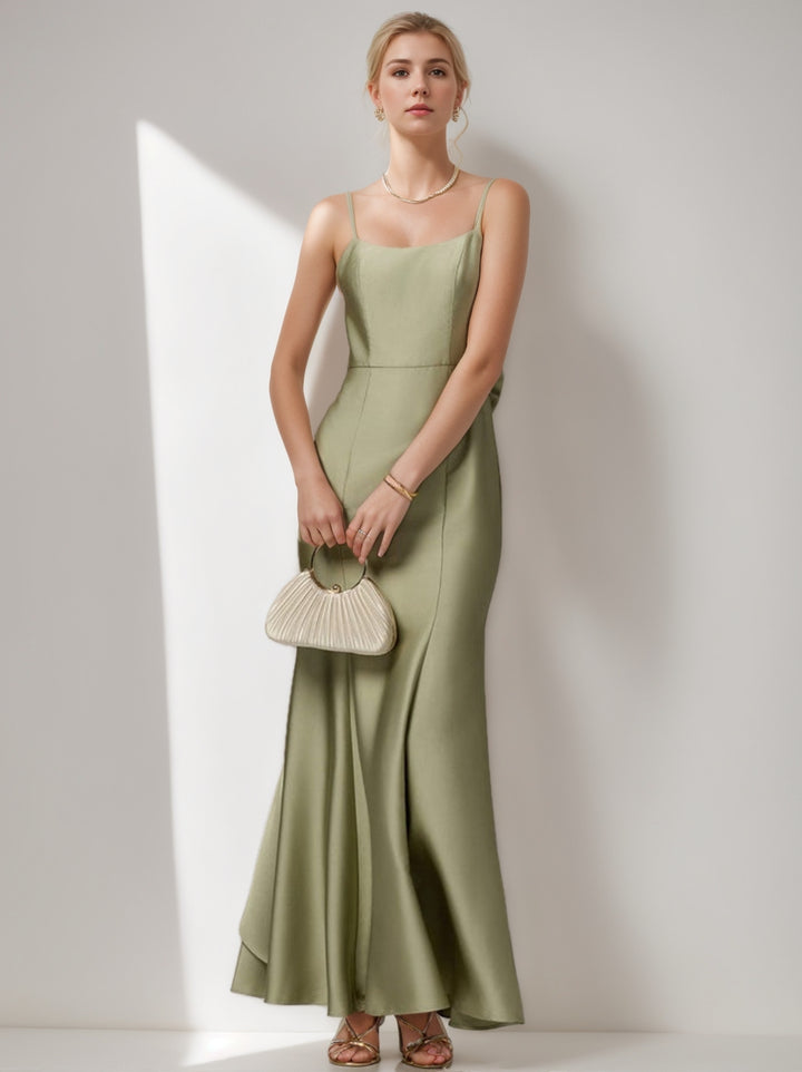 Sheath/Column Spaghetti Straps Satin Pleated Sleeveless Floor-Length Silk Satin Bridesmaid Dresses with Back-Tie Bowknot