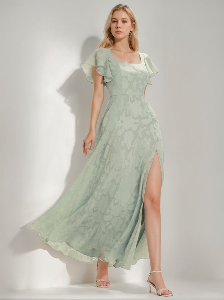 A-Line/Princess Square-Neck Short Sleeves Chiffon Floor-Length Bridesmaid Dresses with Split Side & Ruched