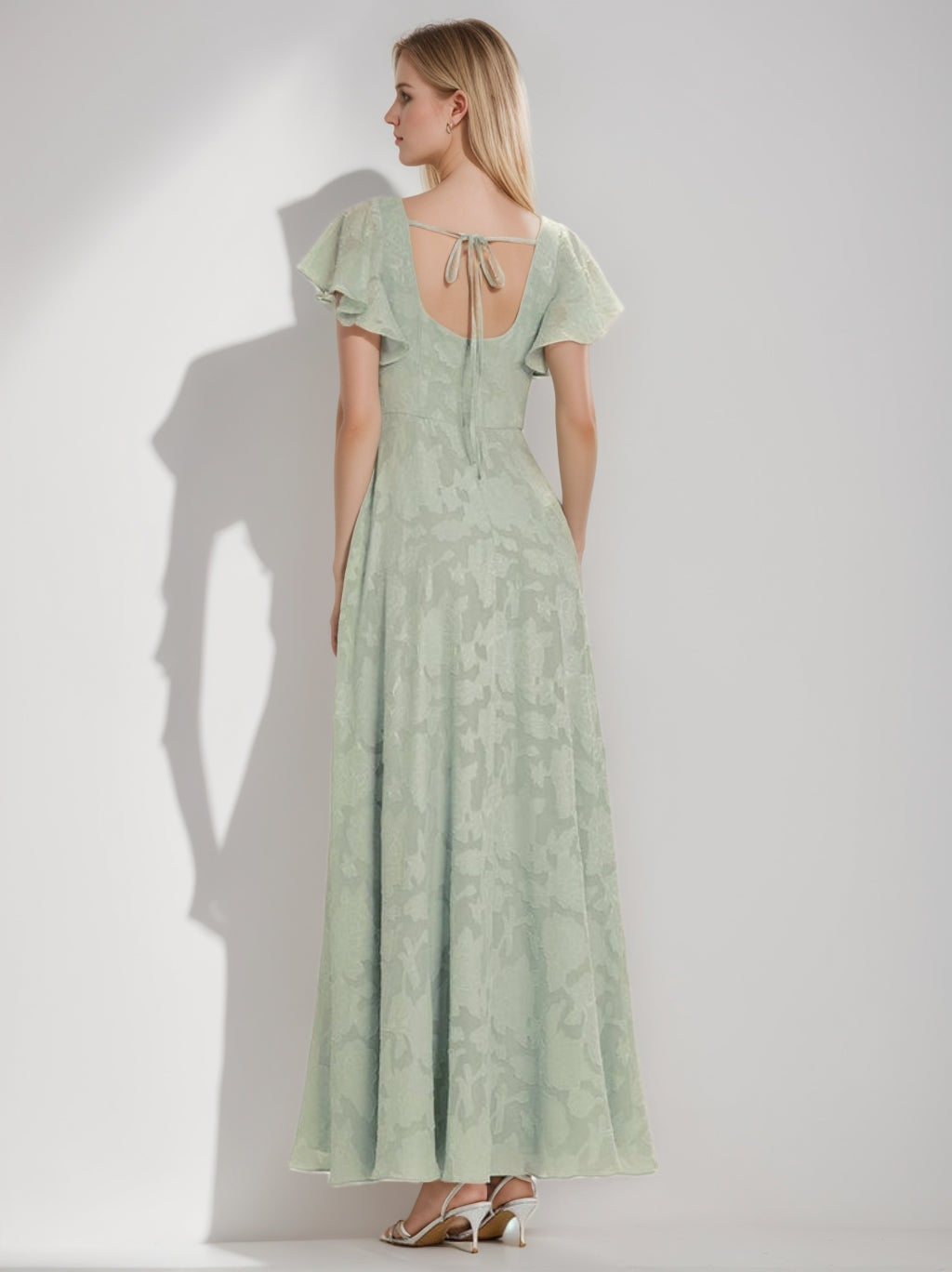 A-Line/Princess Square-Neck Short Sleeves Chiffon Floor-Length Bridesmaid Dresses with Split Side & Ruched