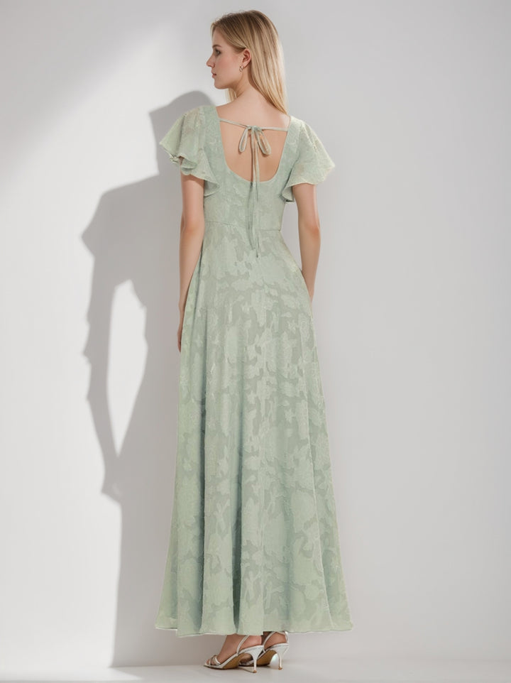 A-Line/Princess Square-Neck Short Sleeves Chiffon Floor-Length Bridesmaid Dresses with Split Side & Ruched