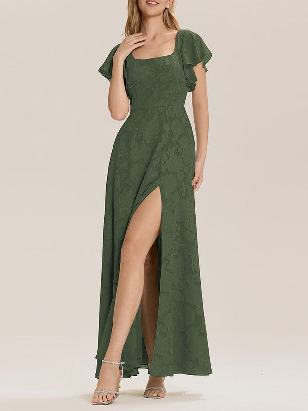 A-Line/Princess Square-Neck Short Sleeves Chiffon Floor-Length Bridesmaid Dresses with Split Side & Ruched