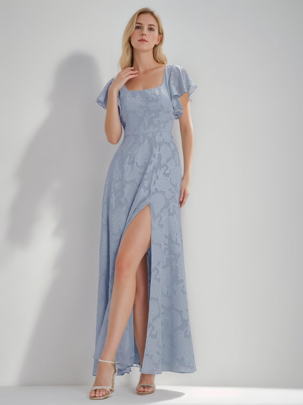 A-Line/Princess Square-Neck Short Sleeves Chiffon Floor-Length Bridesmaid Dresses with Split Side & Ruched