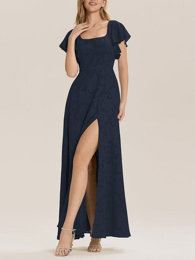 A-Line/Princess Square-Neck Short Sleeves Chiffon Floor-Length Bridesmaid Dresses with Split Side & Ruched