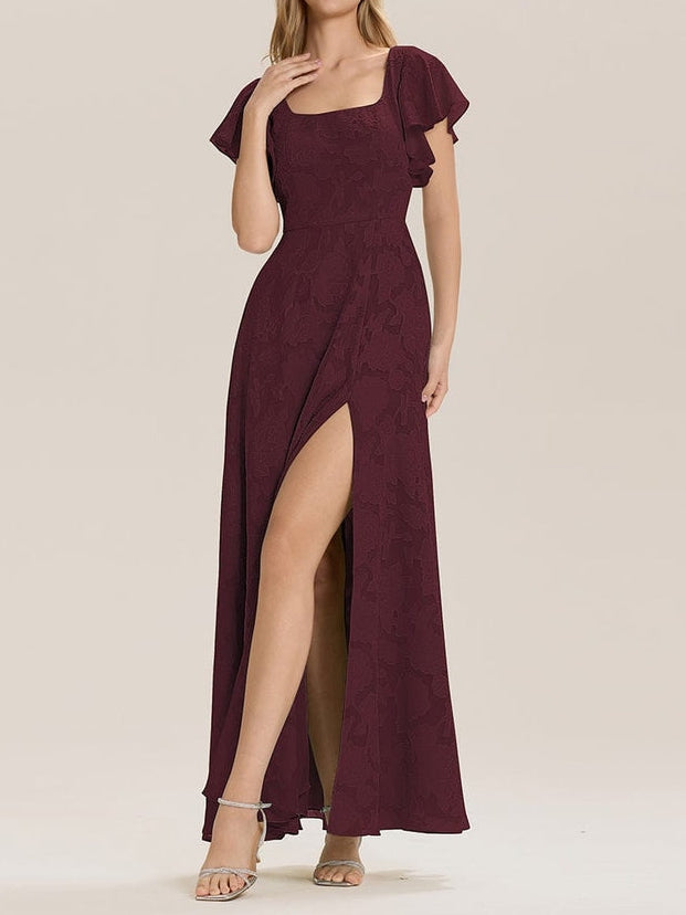 A-Line/Princess Square-Neck Short Sleeves Chiffon Floor-Length Bridesmaid Dresses with Split Side & Ruched