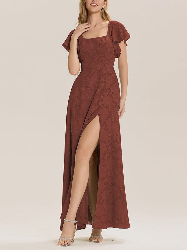 A-Line/Princess Square-Neck Short Sleeves Chiffon Floor-Length Bridesmaid Dresses with Split Side & Ruched