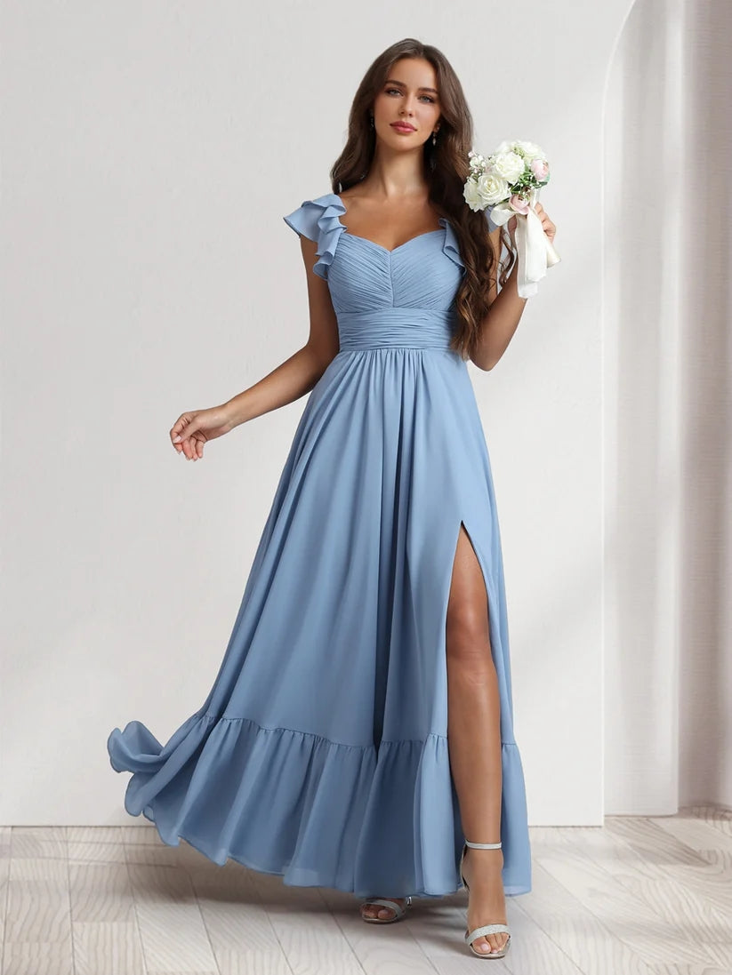 A-Line/Princess V-Neck Ankle-Length Bridesmaid Dresses With Ruffles & Split Side