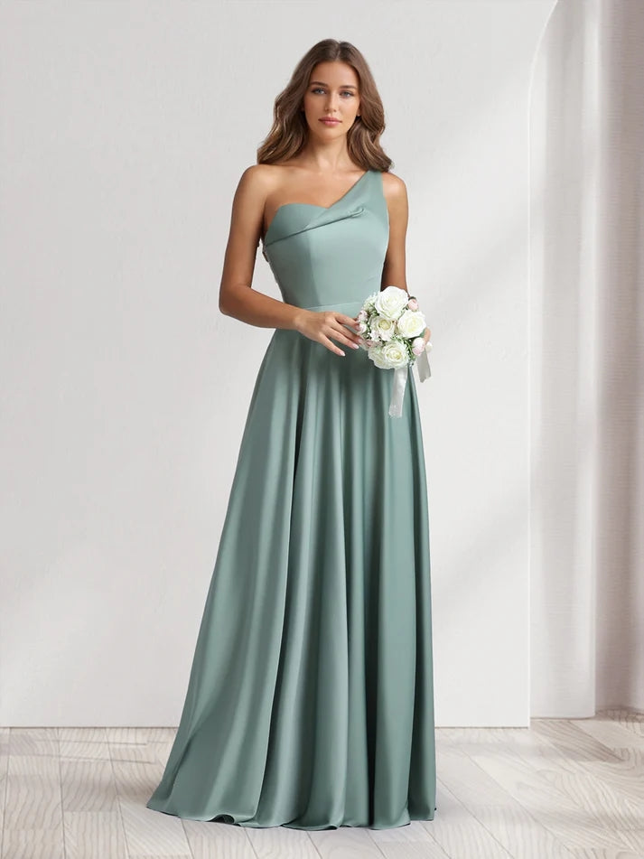 A-Line/Princess One-Shoulder Floor-Length Bridesmaid Dresses With Pockets