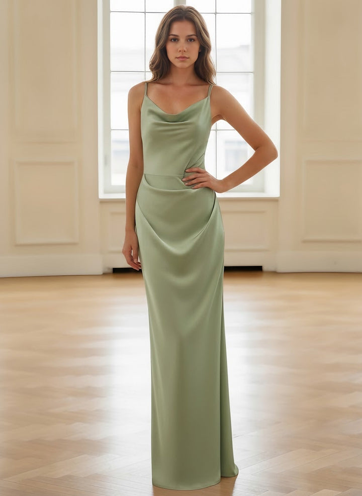 Sheath/Column Spaghetti Straps Silk Satin Bridesmaid Dresses Sleeveless Floor-Length Ruched
