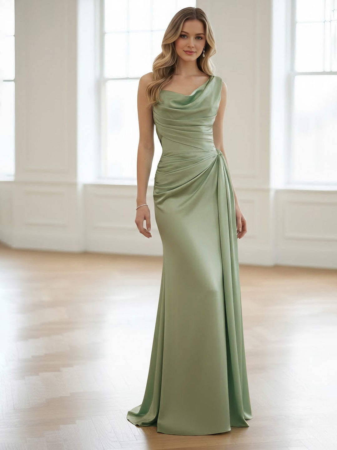 Sheath/Column One-Shoulder Bridesmaid Dresses Silk Satin Sleeveless Ruched Floor-Length