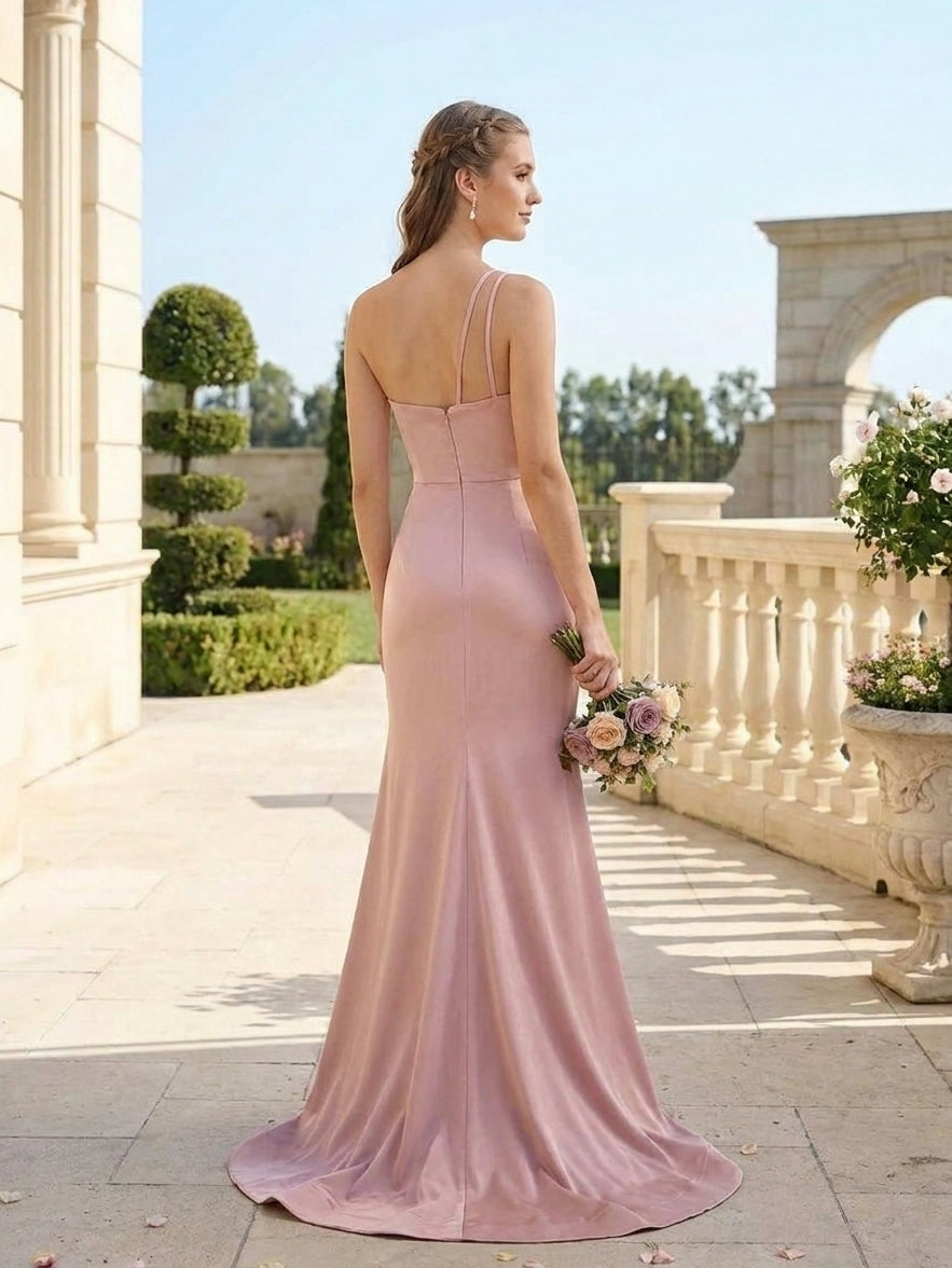 Trumpet/Mermaid One-Shoulder Bridesmaid Dresses With Sweep Train&High Split Silk Satin Sleeveless Floor-Length