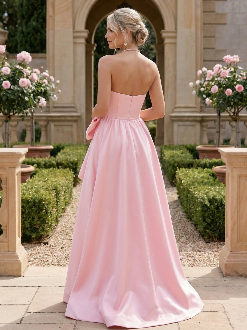 A-Line/Princess Strapless Satin Bridesmaid Dresses Sleeveless Floor-Length With Split Front/Bow