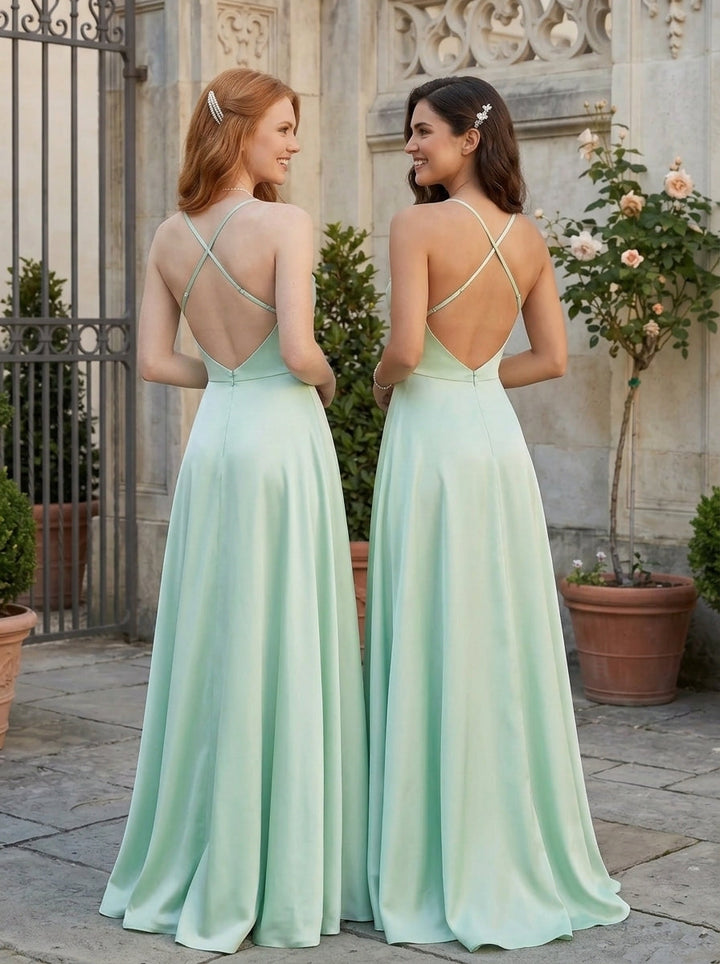 A-Line/Princess Cowl Neck Bridesmaid Dresses With Back Hole Silk Satin Sleeveless Floor-Length